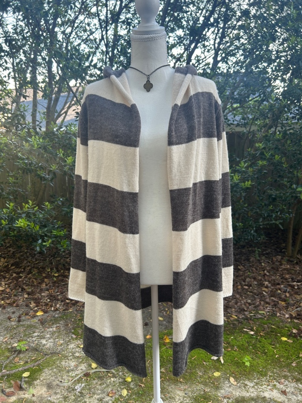 Striped Hooded Open-Front Women’s Sweater - Cream & Brown
